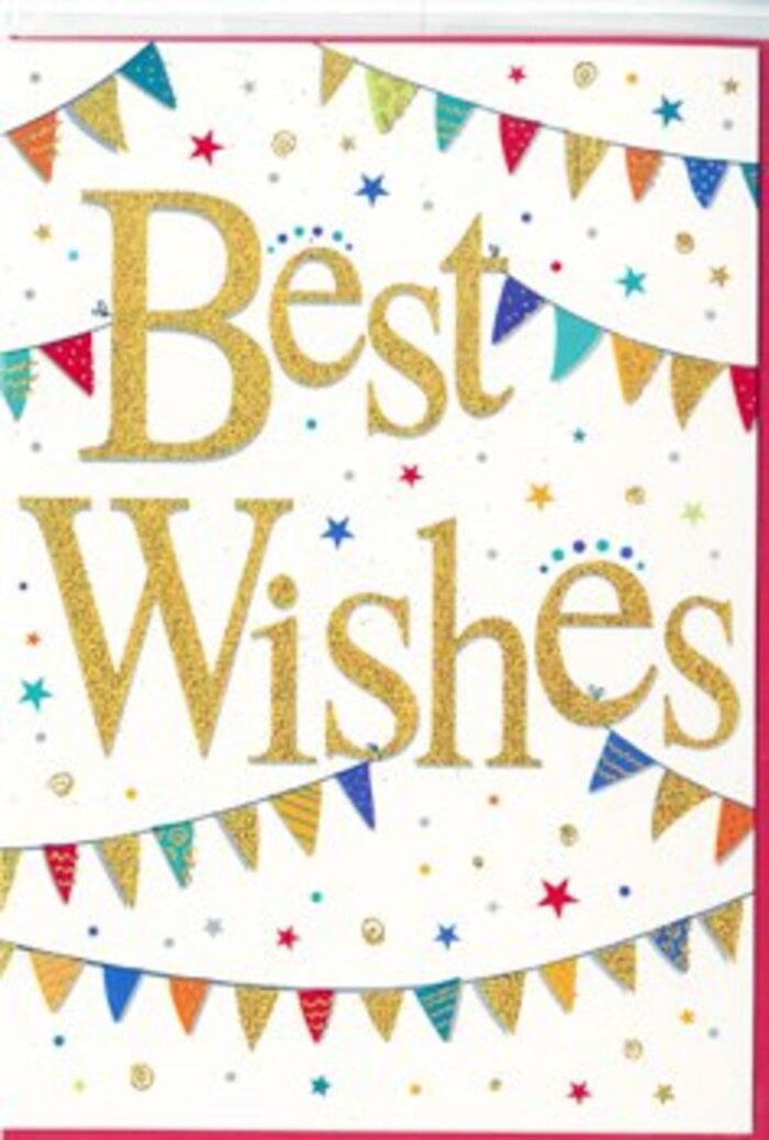 This Best Wishes card evokes the friendly, communal feel of a local celebration in Upper Clapton, translated into a bright, minimal design. The base is a smooth white card that serves as a clean canvas, allowing each colourful and metallic element to stand out clearly. At the centre, the words Best Wishes appear in large, sweeping gold script, their curves confident yet inviting. The gold ink has a polished, almost foil-like sheen, catching light in different ways as if the letters are slightly raised, reminiscent of the gleam on carefully chosen ribbon ties around a florist's bouquet. Cradling this central phrase are two graceful strands of bunting, one near the top edge and one toward the bottom, each drawn in a gentle arc so they seem to lightly sway. Every little triangular flag is painted in a vivid hue-cerulean blue, cherry red, lime green, warm orange-with some triangles featuring delicate spots, stripes, or tiny glitter accents. The overall effect recalls strings of flags fluttering above a neighbourhood get-together near Clapton Common or decorative bunting hung between trees in Springfield Park on a sunny afternoon. Sprinkled among the bunting are petite stars and circular confetti dots in matching tones, placed in a scattered pattern that suggests joyful movement without feeling cluttered. The balance of open white space and detailed motifs keeps the card feeling fresh, modern, and easy on the eye. Emotionally, it radiates positivity and celebration without being tied to any single event, making it just as fitting for exam congratulations or a new flat near the Lea Bridge as for a more formal achievement. It is easy to imagine this card resting against a vase of flowers on a hallway table, the golden words catching the eye each time someone passes.