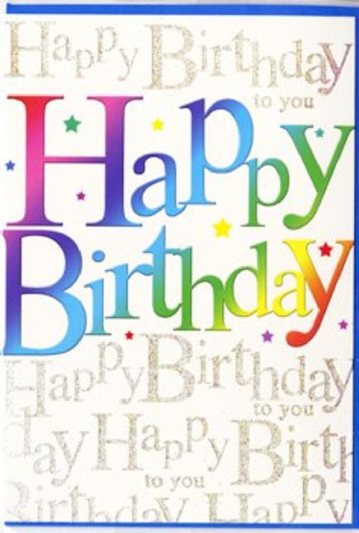 The birthday card shown here radiates an immediate sense of joy, as if it has captured the feeling of a surprise party in a single image, not unlike the buzz of neighbours gathering for a celebration in Upper Clapton. At its heart, the words Happy Birthday sweep across the card in wide, rounded letters that stand tall and confident. Each letter is filled with a gradient of colour that moves effortlessly from shade to shade: rich cherry reds slide into glowing oranges, which mellow into sunshine yellows and soft chartreuse greens, before warming into teal, deep lagoon blue, and a final flourish of royal purple. This continuous flow of colour feels harmonious and considered, reminiscent of a florist carefully placing stems to achieve the perfect blend in a birthday arrangement. The letters appear to have a slight gloss, suggesting a quality cardstock that would feel smooth and cool to the touch. Behind the rainbow lettering, the entire background is overlaid with fine gold writing, repeating the phrase Happy Birthday to you in elegant, cursive script. The text forms gentle horizontal lines, like softly undulating waves of handwriting moving across the card. The gold ink glints subtly when the light hits it, much like the way sunshine flickers between the trees in nearby Springfield Park, offering a soft, warm glow rather than a harsh sparkle. Small, almost hidden flecks of shimmer and delicate star-like accents enhance the celebratory feeling while keeping the overall look clean and uncluttered. The design manages to be both bold and graceful, making it a beautiful companion to a locally crafted floral gift delivered across Upper Clapton, perfect for anyone who appreciates thoughtful detail and vibrant colour on their special day.