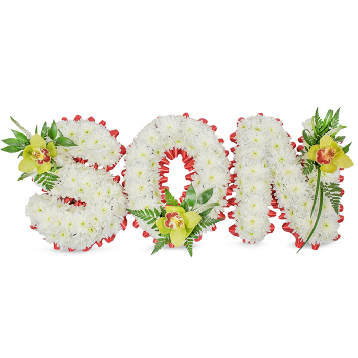 A meticulously assembled funeral tribute spells SON in substantial three-dimensional letters, each letter formed from a dense carpet of small white chrysanthemum blooms that create a seamless, cloud-like surface. Set against a stark white background and captured in soft, even lighting, the letters read with a quiet clarity: the chrysanthemums' uniform petals produce a soothing, almost luminous texture that conveys purity and solemn respect. Encircling the shapes and the void of the O is a continuous red ribbon folded into scalloped loops, its intense colour tracing each contour and offering a poignant contrast to the white florals. At three carefully chosen points-the upper left curvature of the S, the inner base of the O, and the upper right of the N-sit lime-green Cymbidium orchids, their waxy, sculpted petals revealing a pale orange to reddish-brown throat; these orchids are nestled amid glossy green leaves and delicate fern fronds that introduce height and organic elegance to the composition. The overall effect balances the soft, tactile presence of chrysanthemums with the crispness of foliage and the refined sculptural quality of the orchids. Intended as a personal memorial for a son, this arrangement speaks of deep affection and remembrance while reflecting the meticulous hand of an experienced florist. It is the kind of piece often requested by local families around Upper Clapton Station, Chatsworth Road and the surrounding neighbourhood when they seek a dignified, personal way to honour a life.