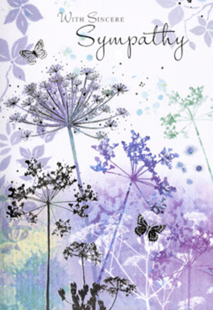 This sympathy card features a tranquil botanical illustration that feels intimately connected to the natural calm found around Upper Clapton's leafy streets. Slender wildflower stems rise with an easy, unhurried grace, their arcs and angles suggesting a gentle breeze that never quite disturbs the peace. At their tips, intricate umbels blossom in layered tones of lavender, soft indigo, and muted periwinkle, delicately offset by touches of cool sage and grey-green. Each tiny floret within the clusters appears meticulously drawn, yet the overall impression is one of lightness, not detail for its own sake. The background is washed in hushed shades of violet and misty green, like a distant treeline softened by early morning haze. Subtle gradients bleed into one another, creating a dreamy, almost meditative atmosphere. Two or three butterflies hover just above the wispy petals, their outlines fine and almost ghostlike, suggesting the idea of transformation and the unseen presence of loved ones who have passed. The lighting throughout the composition is velvety and diffuse, with no harsh lines, echoing the quiet light that filters through the trees near Millfields Park on a still day. As a florist serving Upper Clapton, I'm struck by how this artwork mirrors the tender care we put into funeral sprays and sympathy bouquets: gentle colours, thoughtful spacing, and a respect for the emotions involved. The card doesn't try to lessen grief; instead, it offers a calm, nature-inspired space to pause, breathe, and remember, making it a considerate choice to accompany condolences and floral tributes for local services.