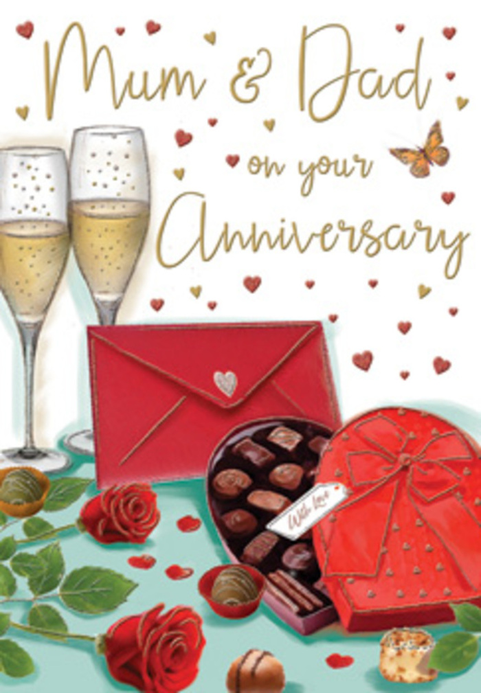This lovingly illustrated anniversary card presents a romantic tableau that could easily belong on a sideboard in a home off Upper Clapton Road, exuding warmth, celebration, and quiet elegance. The eye is drawn first to the two champagne flutes rising side by side, their clear, slender stems and gently curved bowls catching a soft glow that makes the golden champagne within look almost luminous. Tiny bubbles drift upwards, frozen mid-rise, as though the glasses have just been poured in anticipation of an anniversary toast to Mum and Dad. In front, a heart-shaped box of chocolates commands attention with its deep crimson casing and generous, flowing red bow. The lid is tilted open to reveal a carefully arranged selection of glossy chocolates, each one nestled in its own compartment like little treasures to be savoured slowly, perhaps after a stroll along the River Lea. Nestled nearby, two opulent red roses rest on the tabletop, their petals velvety and full, unfolding layer by layer in rich ruby tones that convey romance and enduring love. Their green leaves arc naturally, providing a fresh, botanical contrast to the luxurious sweets and sparkling glasses, much like the pockets of greenery around Springfield and Clapton Common balance city life. Scattered above and around the central elements are tiny gold and crimson hearts, drifting across the background in a gentle rhythm that frames the tender hand-lettered message dedicated to 'Mum & Dad'. A scarlet envelope, slightly askew, hints at a handwritten note filled with gratitude and cherished family stories. The overall composition feels warm and intimate, like an evening in, when parents pause from the busyness of life in Upper Clapton to celebrate the journey they have taken together.