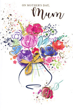 On this Mother's Day card, a luminous floral illustration unfolds like a love letter painted in watercolour, as if inspired by the relaxed, creative spirit of Upper Clapton. At its heart stands a full, loosely defined bouquet, rising from a gentle vase and reaching toward the top edge of the card. The flowers are rendered in sweeping strokes and dabbed textures rather than precise outlines, allowing imagination to complete the details. Vivid pink and cerise blossoms dominate the centre, suggesting roses or peonies in full, generous bloom. Around them, calmer blues and lavenders mingle, softening the intensity and creating a visual sigh of relief, much like a quiet pause on a bench overlooking Millfields Park. Subtle apricot, peach, and coral notes blend in, adding warmth and depth, while delicate golden lines and dots skim over petals, leaves, and stems, catching the imaginary light with a gentle, celebratory gleam. The background is a crisp white, left mostly untouched, so that every hue feels fresh and alive. Flecks of colour and tiny heart motifs drift away from the main bouquet, as if petals and confetti were caught in a breeze, carrying affection outward. The vase, lightly outlined and softly shaded, anchors the composition with a calm, rounded shape, echoing a hand-held jug or a favourite household piece. The overall impression is one of movement and heartfelt emotion-a painted bouquet that captures the joy of gifting flowers to Mum, whether she's just around the corner in E5 or a short journey across East London, making the card feel like a personal, enduring expression of appreciation.