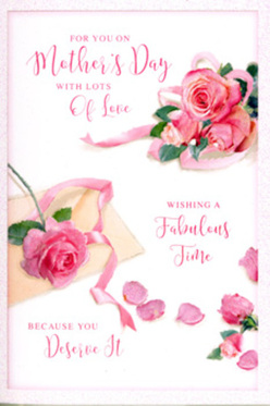 In this Mother's Day card illustration, the artist has composed the scene with the same care a local florist might use when arranging roses for a family in Upper Clapton. A graceful cluster of pink roses takes centre stage, their petals unfolding in full, rounded shapes that convey maturity and abundance rather than tight, early buds. The colours move gently from the palest blush at the petal tips to deeper rose pinks toward the heart of each bloom, giving a natural, lifelike sense of volume. Scattered around the central roses, loose petals and small blossoms lie across a pristine white ground, arranged to suggest they have just fallen, yet positioned with artistic precision so the eye drifts easily from one detail to the next. A soft, pastel ribbon weaves through and around the arrangement, its delicate curves echoing the spirals of the rose petals, like ribbons seen in the window displays along Clapton Common at Mother's Day. The lighting is diffuse and warm, creating a subtle glow on the petals and ribbon while keeping shadows gentle and understated, which heightens the card's feeling of tranquillity. Elegant, hand-lettered script arcs gracefully between the flowers, spelling out loving Mother's Day sentiments in smooth, looping lines that feel personal and heartfelt, as if penned specially for the recipient. The overall composition conveys a sense of quiet celebration - the kind of image you imagine propped up next to a vase of fresh roses in a dining room overlooking Millfields Park, offering a soft, enduring reminder of appreciation for all a mum does.