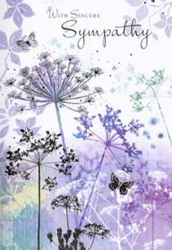 The design on this sympathy card is a soft, contemplative study in wildflowers and light, reminiscent of the gentle scenery along the River Lea near Upper Clapton on a still day. From the base of the image, tall, fine stems stretch upward, each supporting a delicate umbel of tiny blooms. The flowers are rendered in nuanced shades of violet, lavender, and pale blue, interwoven with hints of silvery green foliage. Every head seems etched with filigree detail, yet the overall effect remains light and almost translucent, as if the petals might dissolve into the air at any moment. Behind the blooms, a watercolour wash of muted purples and cool greens flows together, with no sharp separation between sky and ground, only gradual, dreamy gradients. A few butterflies flit among the stems, their wings faint and semi-transparent, adding a quiet note of hope and continuity that feels especially meaningful when sending sympathy. The lighting is diffuse and gentle, with no harsh contrast, evoking the muted brightness of an overcast afternoon. This softness allows the viewer's gaze to rest and wander, echoing the reflective mood of someone pausing on a bench near Clapton Common. As florists who regularly create condolence arrangements for local families, we recognise in this card the same intention we bring to our sympathy flowers: to offer presence without intrusion, beauty without excess. The artwork provides a soothing, respectful backdrop for heartfelt words of comfort, making it a fitting companion to funeral tributes or a simple note of remembrance.