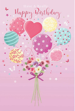 Pastel-toned birthday card illustration showing a cheerful bouquet of balloons lifting a small cluster of flowers, evoking the relaxed celebration of a weekend gathering near Clapton Pond. The backdrop is a smooth, delicate pink wash that sets a soothing, joyful tone. Rising from the centre is a cluster of balloons in soft shades of blush, sea foam green, lemon yellow, lilac, and creamy ivory. Each balloon is decorated with its own playful design-curving striped ribbons, tiny scattered polka dots, swirling lines, and miniature floral motifs that feel like a nod to the gardens and balconies around Upper Clapton. Their slender strings trail down to meet a compact, hand-tied bouquet that sits at the base of the artwork. The flowers resemble petite roses and daisy-like blooms, their petals richly textured and shaded from warm cream into blush and mauve, giving the impression of freshly cut stems ready for delivery along Upper Clapton Road. A violet ribbon wraps neatly around the gathered stems, its satin finish rendered with delicate highlights that suggest a gentle shine. Light appears to pool over the entire composition, bouncing softly off the rounded balloons and the curved petals so the arrangement seems alive and gently floating. The overall feeling is one of airy happiness and affectionate thoughtfulness, much like sending a birthday surprise from a trusted local florist to a friend in Upper Clapton, Stoke Newington, or nearby streets, where colour, pattern, and the imagined scent of flowers together create a moment of genuine celebration.