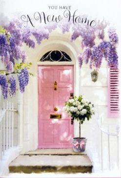 The image shows a welcoming doorway that feels perfectly at home somewhere between the leafy paths of Springfield Park and the residential streets of Upper Clapton. At its heart is a pink front door, painted in a soft, rosy hue that looks almost powdery in the filtered light. The door is framed by whitewashed walls and a pale shutter, their clean surfaces offering a calm backdrop that allows the pastel colours to shine. Above, wisteria cascades down in thick, romantic clusters, its blooms shifting from pale lilac to a deeper lavender at the tips. Each trailing strand tumbles loosely, forming a floral canopy that softens the architecture and creates a sense of privacy and enchantment, the way overgrown vines sometimes turn a simple Hackney entrance into something out of a storybook. Nestled right at the doorstep is a grey metal bucket, elevated to the role of a stylish vase. It brims with creamy white roses, their petals layered and slightly ruffled, suggesting a bouquet that has just arrived fresh from a local florist. Hints of fresh green foliage peek through, adding contrast and bringing the arrangement to life. A pink ribbon, matching the tone of the front door, is tied carefully around the base of the bucket, its satin finish reflecting the soft daylight in tiny glints. The whole scene glows with gentle serenity and understated celebration, like flowers delivered to mark a move to a new flat near Clapton Pond or a milestone shared in a quiet Hackney home. The light, colours, and textures work together to express congratulations, comfort, and the hopeful promise that every return through this doorway will feel warmly anticipated.
