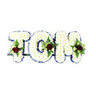 A tender, dignified floral tribute spells the name 'TOM' in three-dimensional letters formed from a dense carpet of pristine white chrysanthemums. Each letter reads as a soft, pillowy block of petals, their tiny textures packed closely to create a calm, cloud-like surface that seems to invite a quiet touch. The clean silhouettes are sharply defined by a narrow royal blue ribbon that traces every edge, adding a cool, formal line that sets the white blooms off with crisp contrast. Nestled thoughtfully within the lower and central sections of each letter are small, symmetrical sprays: a single deep, velvety red rose anchors each cluster, its dark, glossy petals a pointed expression of love and sorrow. Around those focal roses, cream-coloured spray roses and buds lift delicate, rounded shapes while slender fern fronds and glossy green foliage weave in and out, giving depth, movement, and a subtle herbaceous scent that balances the rose perfume. A discreet dark green metal framework beneath the letters holds the composition upright, visible just enough to show the florist's careful construction without distracting from the floral surface. The arrangement sits against a bright white backdrop, the lighting soft and even so the colours read true and the textures are clear-an arrangement that reads as both message and embrace. Crafted for a funeral or memorial, this personalized tribute radiates quiet respect and solace, the combination of white purity, royal blue restraint, and a single red rose per letter offering a composed expression of remembrance for family and friends.