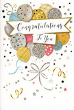 This image features a stylish congratulations card, its design capturing the essence of celebration with the same easy charm you might feel at a small gathering near Clapton Pond. The front of the card is dominated by a generous cluster of illustrated balloons, layered so they appear to float forward from the surface. The balloons are drawn in a soothing mix of metallic-inspired tones-rich gold, gleaming silver, soft champagne, light sky blue, gentle blush pink, and quiet grey. Each one is uniquely adorned: some are sprinkled with twinkling star shapes, others are wrapped in slender bands of glittery pattern, and a few are dotted with subtle sparkles that hint at a raised, tactile print. From this bouquet of balloons, slim ribbons in foiled gold and silver drift downward in looping spirals, creating a sense of lightness and motion. Woven across the centre of the arrangement is a graceful, gently curved banner, carrying the message Congratulations To You in refined, cursive lettering that feels personal and sincere. The background remains soft and understated, punctuated by little metallic stars, scattered confetti dots, and swirling streamers, evoking the happy scatter of decorations after a party in an Upper Clapton flat. The card as a whole gives off an atmosphere of joyful pride and understated glamour, fitting for milestones like promotions, exam results, or new ventures. It's easy to imagine this card standing beside a vase of fresh flowers on a kitchen counter, catching the natural light and offering a quiet, constant reminder of how much someone's achievement is appreciated in the local community.