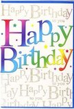 In this image, a birthday card stands proudly, its front bursting with colour in a way that feels as lively and welcoming as a stroll through Upper Clapton on a sunny morning. The main greeting, Happy Birthday, is written in large, rounded capitals that stretch confidently across the card, each letter drenched in its own sweep of rainbow colour. The tones drift from deep berry red through coral and apricot, then into bright lemon yellow and soft green, before flowing into cool turquoise, deep indigo, and a final ribbon of velvety purple. The gradients are smooth and fluid, as though the colours were gently blended on a wet page, evoking the soft transitions between flowers in a mixed seasonal bouquet. The printing has a subtle sheen, hinting at a smooth, high-quality cardstock that would feel pleasing under your fingertips. Behind this vibrant headline, a background of fine, looping gold script quietly repeats Happy Birthday to you in horizontal lines, giving the impression of a handwritten refrain. The metallic ink shimmers faintly, catching the light like reflections on the Lea Navigation when the sun sits low in the sky. Sparse, delicate specks of sparkle and tiny star-like dots appear here and there, adding a suggestion of party confetti without cluttering the space. The composition feels both joyful and refined, merging contemporary rainbow typography with traditional golden calligraphy. It's the kind of card a local florist in Upper Clapton might pair with a hand-tied bouquet for birthday delivery, ensuring that the message feels as colourful, warm, and memorable as the flowers themselves.