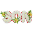 A three-dimensional memorial spelled out in large block letters reads SON, each letter sculpted from dense clouds of small, pristine white chrysanthemums that give the composition a soft, luminous surface. The letters sit against a clean white backdrop under gentle studio light, the chrysanthemums' rounded petals forming a tranquil, cushion-like texture that reads as both pure and formal. Tracing the outer edges and the hollow center of the O is a continuous scalloped ribbon in vivid red, hand-looped into small curves that punctuate the white with a bold, warm contrast. At three focal points-near the upper left curve of the S, cradled at the base of the O, and along the upper right stroke of the N-sit three lime-green Cymbidium orchids with waxy petals and a pale orange to reddish-brown throat, each tucked into a small cluster of glossy leaves and delicate fern fronds. The orchids' smooth, slightly cool texture and subtle floral scent offer an understated note of comfort beside the powdered softness of the mums. Slender green foliage and trailing fern tendrils add vertical movement and a natural silhouette that lifts the letters from the background while keeping the overall tone dignified and intimate. This arrangement reads as a bespoke funeral tribute or graveside memorial for a beloved son, its colours and textures chosen to convey purity, remembrance, and devoted affection. As a local design often requested by families in Upper Clapton and nearby Millfields Park, it balances refined craftsmanship with quiet sentiment in a piece meant to honour memory and express deep condolence.