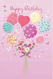Playful birthday illustration showing a floating cluster of pastel balloons attached to a small, elegant bouquet, evoking the easy charm of a celebration in a cosy Upper Clapton flat. The background is a velvety, soft pink that cradles the design and makes the colours above gently stand out. Above, balloons in shades of blush, pale teal, lemon, lavender, and warm cream gather together, their rounded forms shining as if caught in soft indoor light. Each balloon carries its own lively detail-some twirl with candy-like stripes, others sparkle with tiny dots, while a few show simple floral patterns and flowing swirls, hinting at an imaginative, handcrafted touch. Slender strings fall like fine threads from this colourful bunch and converge at the base on a hand-tied bouquet. The flowers are petite and romantic, with rose and daisy-like blossoms whose petals shift from creamy ivory to blush pink and mauve, giving a sense of plump, velvety texture. A violet satin bow holds the stems together, its ribbon rendered with delicate highlights that suggest a smooth, almost touchable finish. Gentle light glides over the balloons and petals, creating soft shadows and a sense of depth so the whole arrangement feels airy and ready to drift above Upper Clapton rooftops. The mood is sweet and festive, like sending birthday wishes from a local florist along Upper Clapton Road, where thoughtful colour, pattern, and imagined fragrance combine to make a simple greeting card feel like a small, floating party in itself.