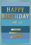 This serene birthday card is crafted with an artist's eye for colour and harmony, layering broad stripes of blue across the surface to create a calm, inviting backdrop. The horizontal bands step from rich navy at the base through softer, mid-toned blues to a light, almost airy shade at the top, blending seamlessly like the shifting tones of the sky above Upper Clapton on a crisp, clear day. In the middle of this soothing gradient, the words HAPPY BIRTHDAY are proudly displayed in embossed gold capitals. The lettering is bold yet refined, slightly raised so it can catch the light, giving off a gentle shimmer every time the card is moved. This soft metallic glow suggests celebration in a quietly confident way. Directly beneath, a graceful golden flourish curves side to side, its decorative loops adding a touch of vintage elegance, as though the card were inspired by traditional letterpress designs. Lower down, three slim golden banners are stacked neatly, each one echoing the same metallic sheen as the central text. They carry a warm, encouraging sentiment shared across three lines: Relax, have a great day and enjoy! A fine gold border runs around the very edge of the card, framing the blues and golds like a carefully chosen piece of artwork. The card surface looks smooth and gently matte, inviting to touch and pleasing to hold. You can imagine it propped beside a vase of fresh birthday flowers on a windowsill overlooking Millfields Park, the golden highlights reflecting the light and turning a simple message into a softly radiant birthday moment in Upper Clapton.