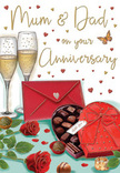 The anniversary card illustration captures a moment of shared celebration that feels perfectly at home in Upper Clapton, rendered with thoughtful detail and a gentle, romantic glow. Two tall champagne flutes stand close together like lifelong partners, their delicate stems and clear glass reflecting warm light. Inside, pale gold champagne sparkles softly, fine bubbles rising in slender streams, suggesting the soft fizz and anticipation of an anniversary toast. Anchoring the scene, a heart-shaped box of chocolates fills the foreground with deep red richness; a wide, satin bow arcs over the lid, its loops and tails adding a sense of luxury and occasion. The lid is opened to reveal neat rows of chocolates, each one glossy and carefully placed, inviting the simple pleasure of sharing something sweet at the end of a special day. Resting alongside, two velvety red roses lie on the tabletop, their petals lush and layered like a bouquet freshly chosen from a local florist near Clapton Station. Their fresh green leaves fan out naturally, bringing a hint of garden life that echoes the nearby greenery of Springfield Park and the tree-lined local streets. Small gold and crimson hearts drift across the card's background, encircling the hand-lettered dedication to 'Mum & Dad' with playful affection. A bold red envelope, angled just so, suggests the presence of a handwritten note brimming with thanks, memories, and quiet promises. The overall impression is one of cosy sophistication and deep family warmth, celebrating the kind of enduring love that grows richer with every year spent together in and around Upper Clapton.
